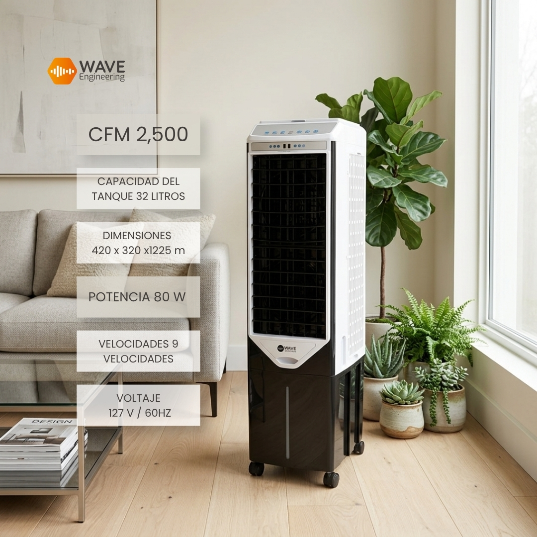 Ficha del AEROBREEZE 2500: 2,500 CFM, tanque de 32 litros, 80 W y 9 velocidades