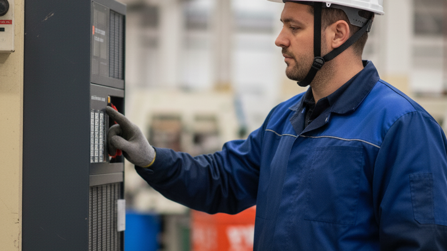Operario revisando un tablero de control eléctrico en una planta industrial