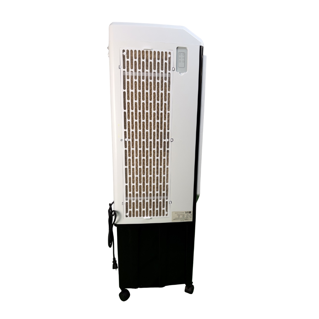 AEROBREEZE 2500 de perfil, con el panel evaporativo posterior y el cable de alimentación