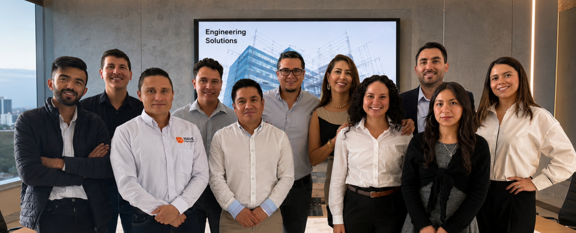 Equipo de Wave Engineering reunido en la sala de juntas de la oficina