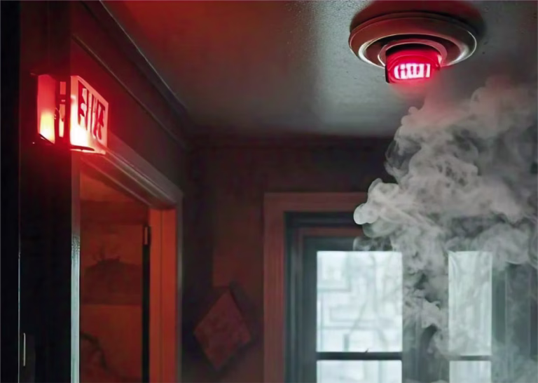 Detector de humo activado, con humo en el pasillo y la señal de salida iluminada